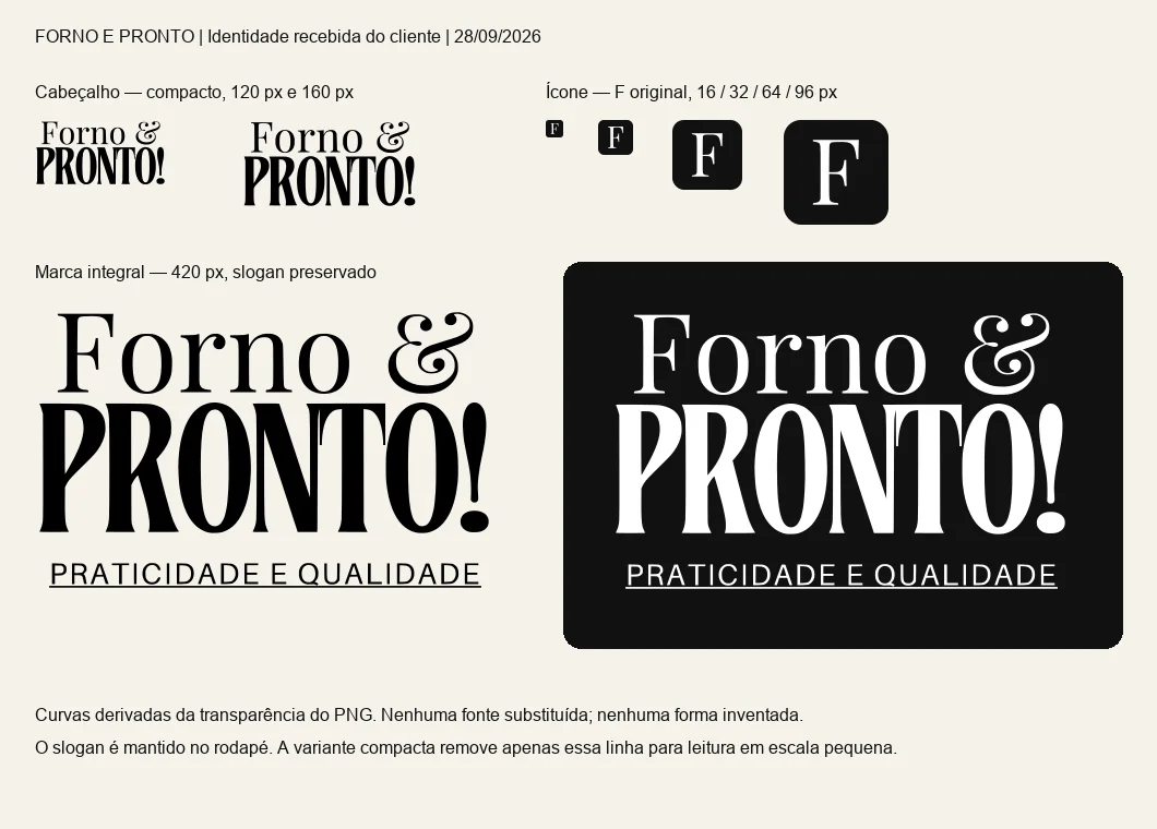 Marca original da Forno & Pronto vetorizada e aplicada no cabeçalho, em ícones de 16 a 96 pixels e em versão clara e escura