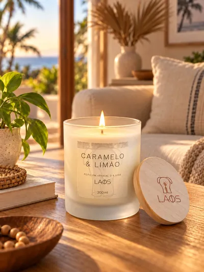 A vela acesa numa sala com vista para o mar, cena criada com IA