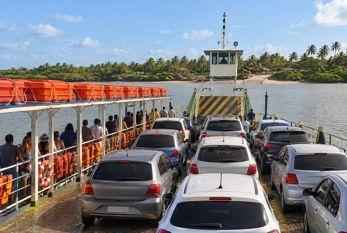 Balsa com carros atravessando o rio Buranhém, imagem criada com IA