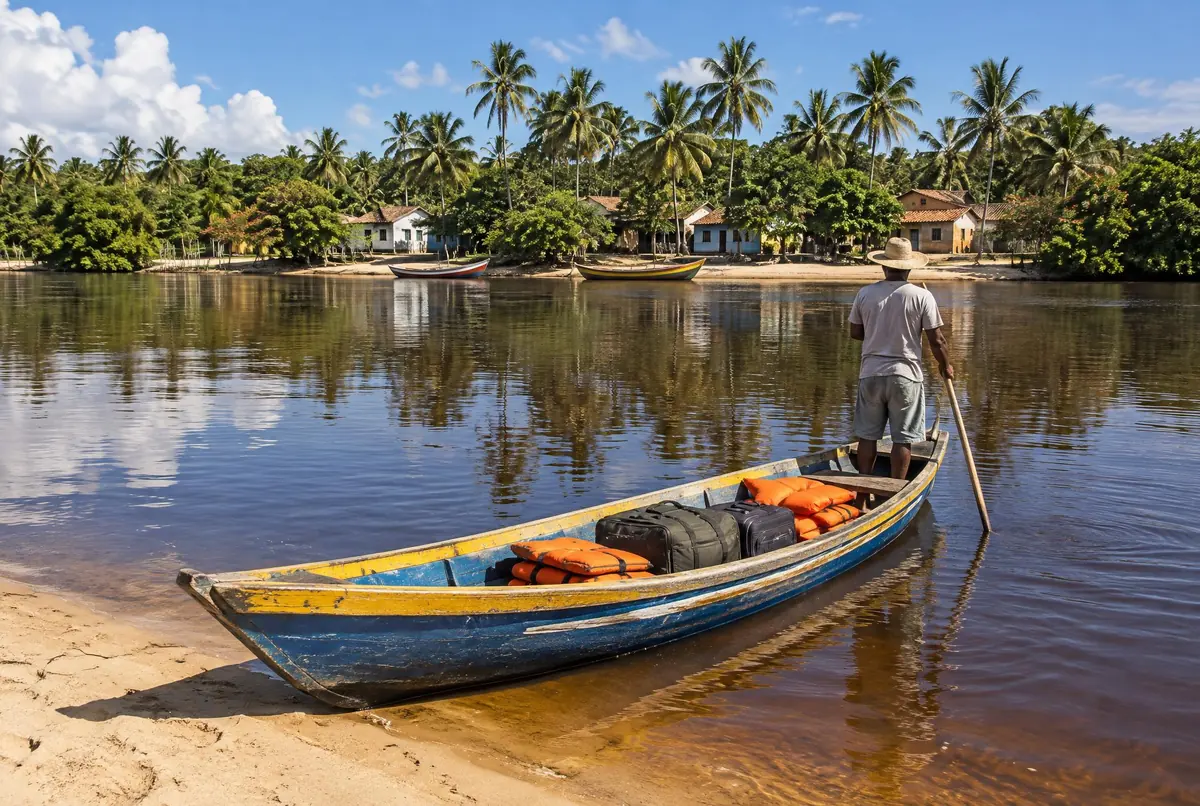 Canoa a remo no rio de Caraíva, imagem criada com IA