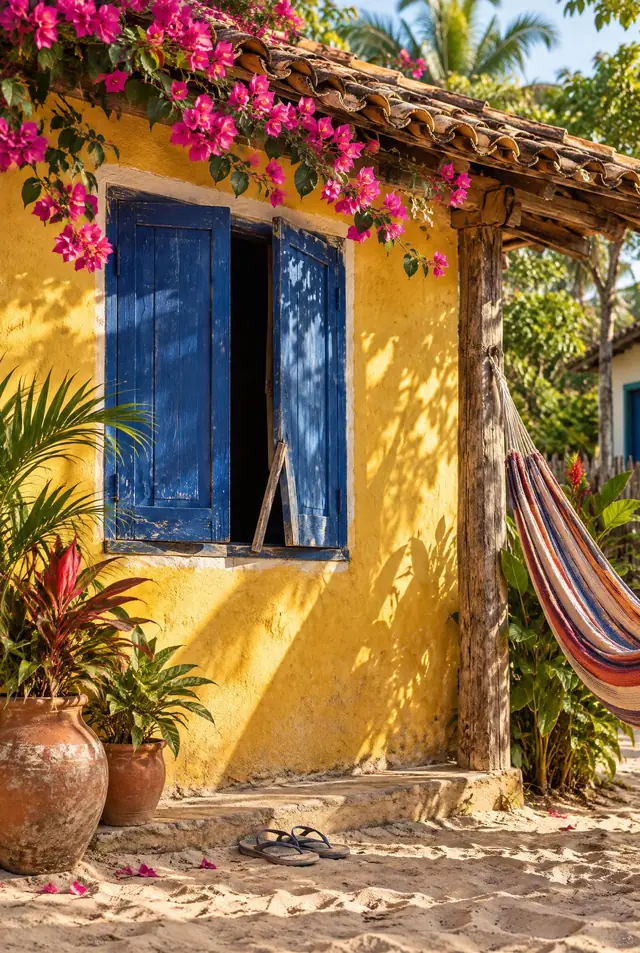 Casa colorida com rede em Caraíva, imagem criada com IA