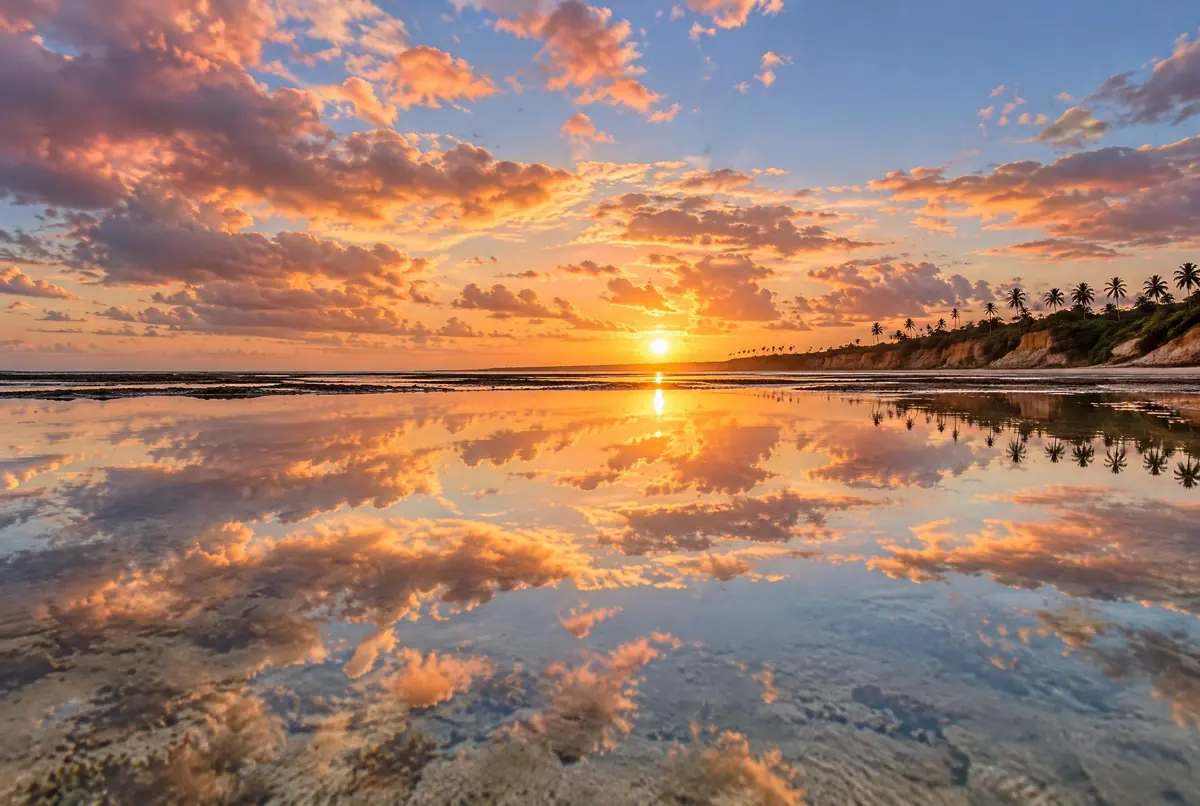Piscinas naturais refletindo o pôr do sol na Praia do Espelho, imagem criada com IA