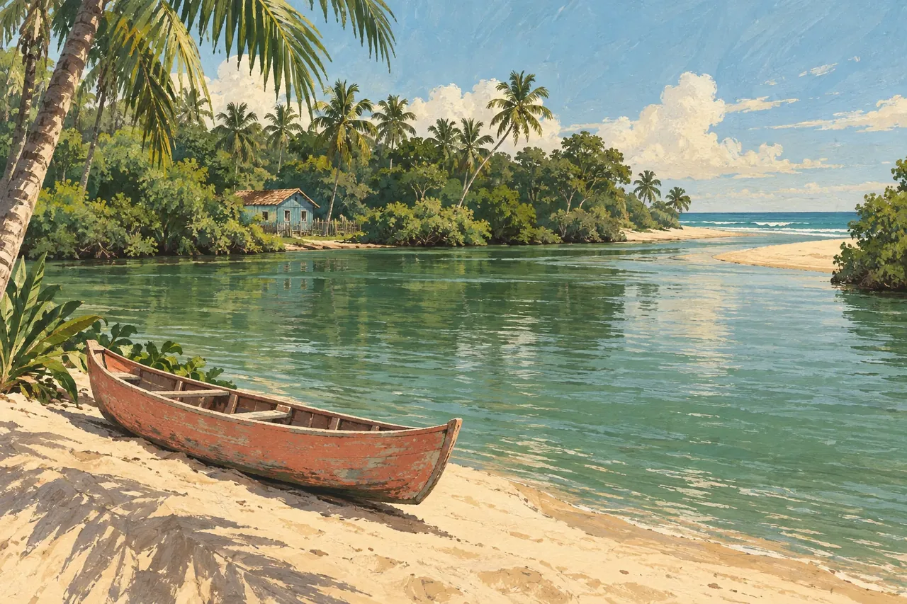 Ilustração em guache de canoa na beira do rio em Caraíva
