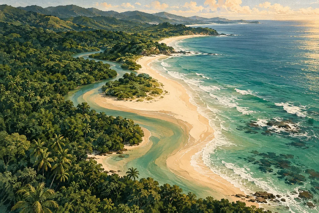 Ilustração em guache da costa de Porto Seguro vista do alto
