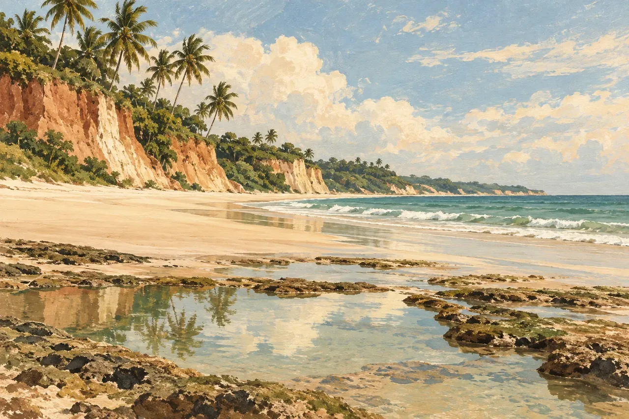 Ilustração em guache das falésias e piscinas da Praia do Espelho