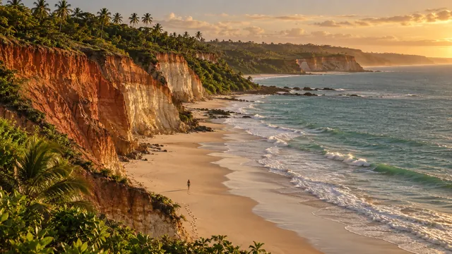 Falésias e mar ao entardecer em Arraial d’Ajuda, cena criada com IA