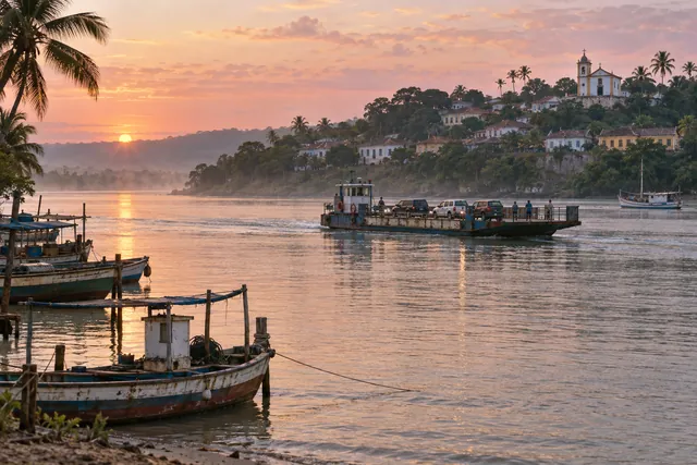 Balsa e barcos no rio Buranhém ao pôr do sol, cena criada com IA