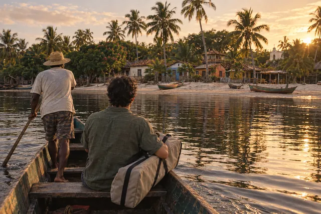 Travessia de canoa no rio de Caraíva, cena criada com IA
