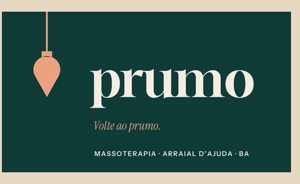 Frente do cartão da Prumo: o símbolo do prumo e a assinatura Volte ao prumo