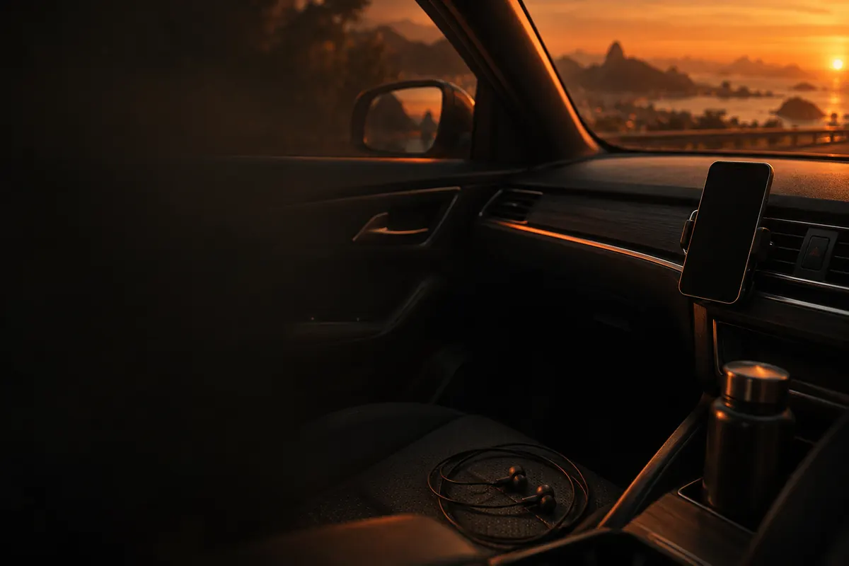 Painel de carro no fim da tarde, com o celular no suporte e os fones de ouvido no banco
