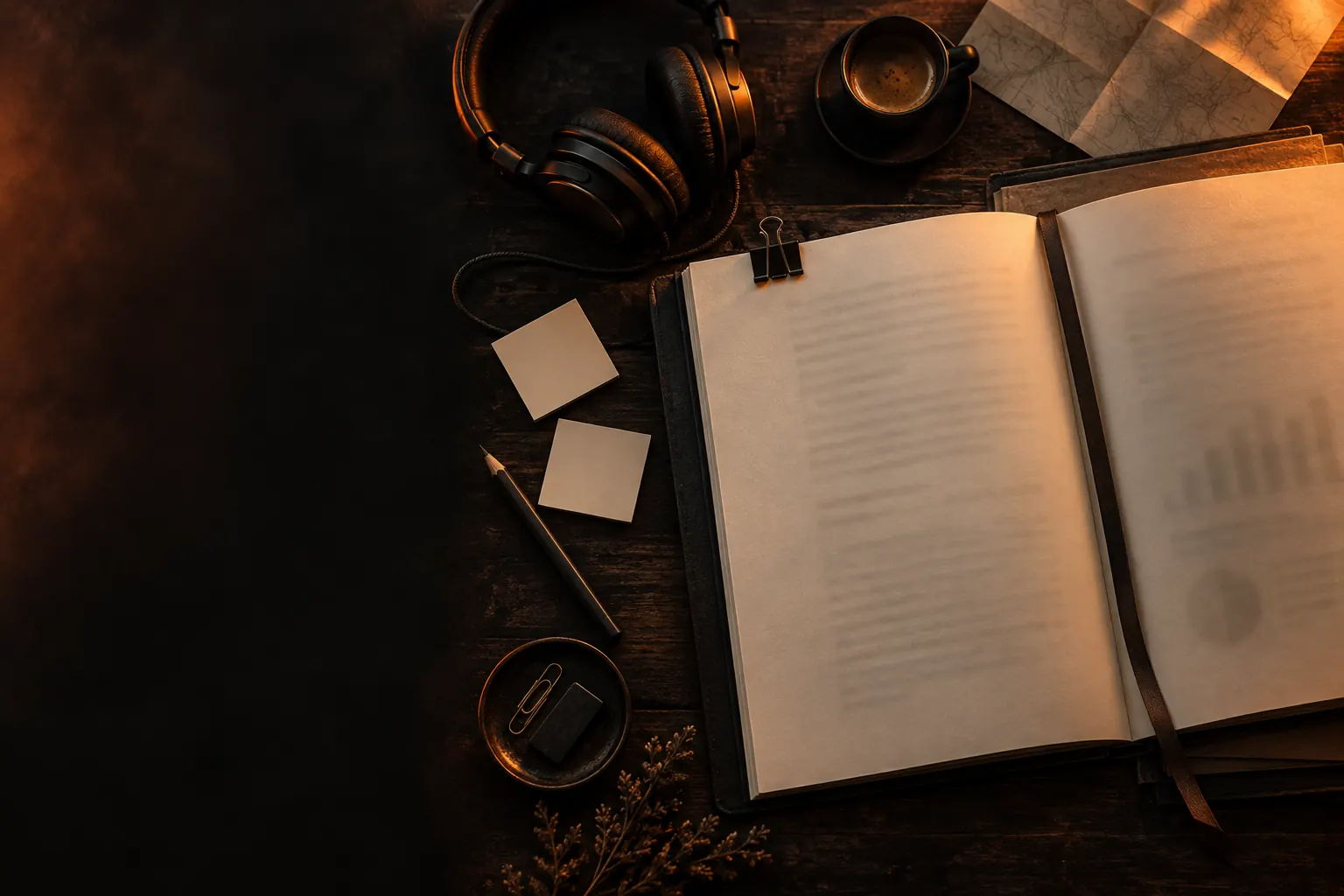 Dossiê de pesquisa impresso aberto numa mesa escura, com fones de ouvido, bilhetes e café ao lado