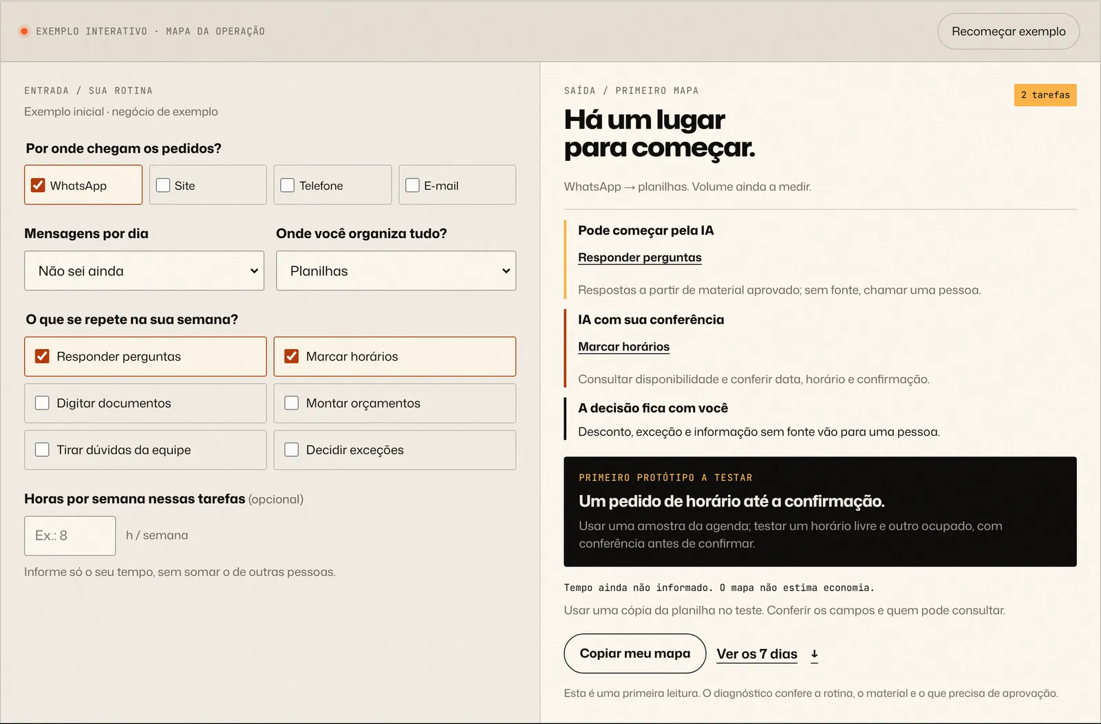 Mapa de diagnóstico de exemplo: perguntas com IA, horários com conferência e exceções com o responsável.