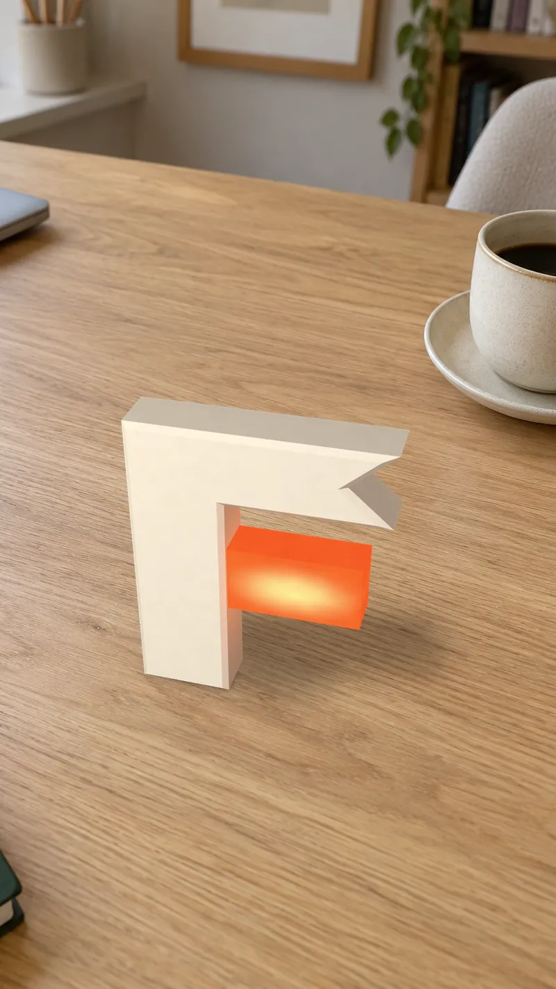 Tela de celular mostrando o F da Feitaz em cerâmica, em tamanho real, sobre uma mesa de madeira ao lado de uma xícara de café