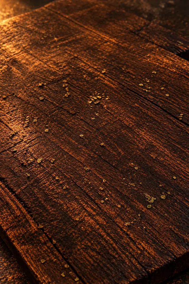 Imagem gerada sem produto: tábua de madeira escura vazia sob luz dourada.