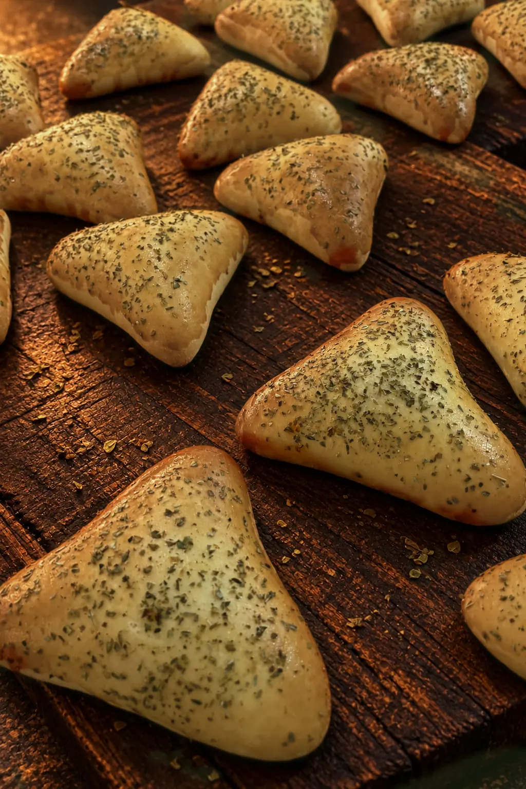Campanha: as mesmas esfihas do produto real sobre tábua escura, com luz dourada de estúdio.