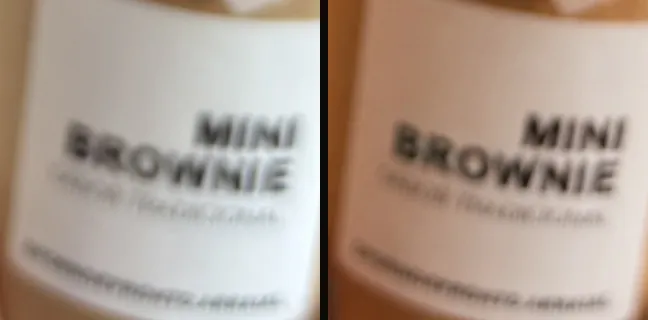 Detalhe ampliado do rótulo do pote de brownie: as mesmas letras na foto real e na campanha.