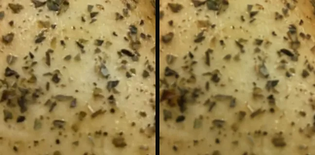 Detalhe ampliado do mesmo ponto: orégano sobre a massa na foto real e na campanha, igual.