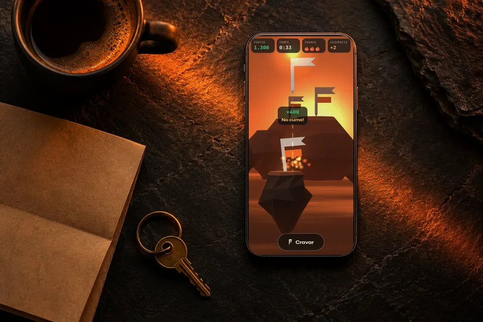 Celular sobre uma mesa de pedra escura, com o jogo aberto na tela, ao lado de uma xícara de café e um chaveiro