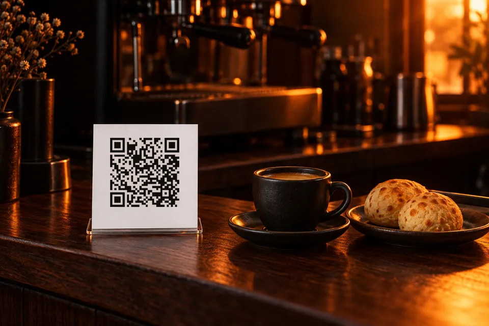 Balcão de café com um espresso, pães de queijo e um cartão com código QR no suporte de acrílico