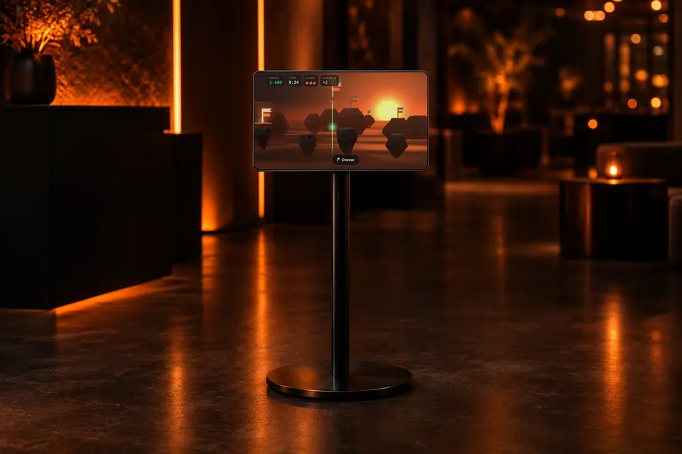 Tablet num pedestal, num estande de evento à noite, com o jogo Finque a bandeira na tela