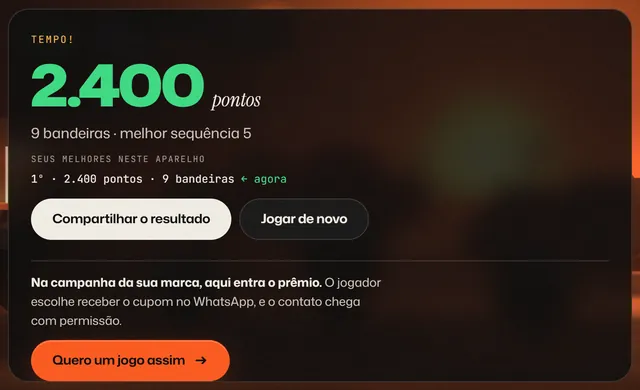 Tela de fim de partida com a pontuação, o ranking deste aparelho e o botão de compartilhar