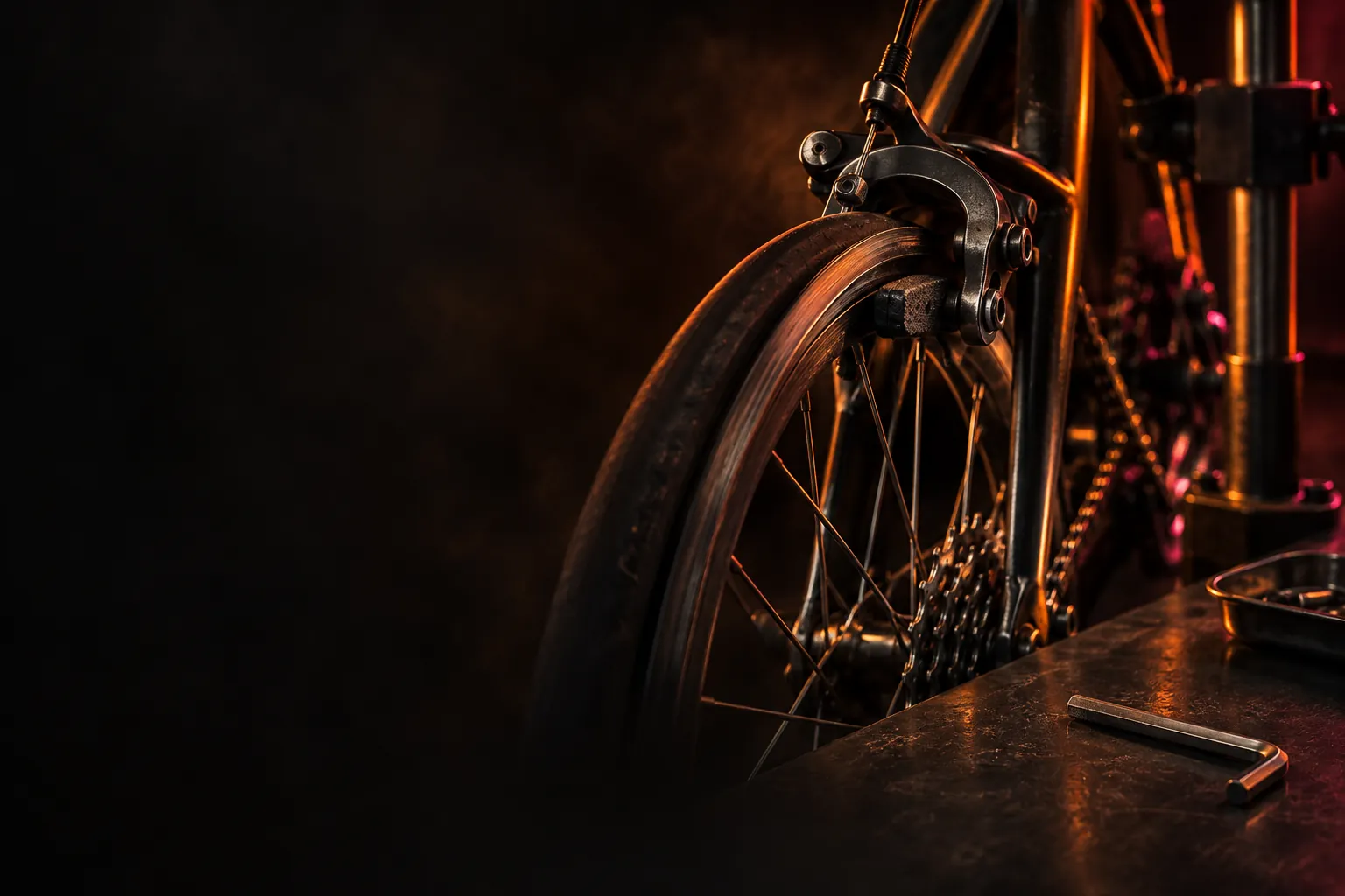 Roda traseira de bicicleta presa no suporte de uma oficina, com o freio em destaque sob luz de brasa. Imagem gerada.
