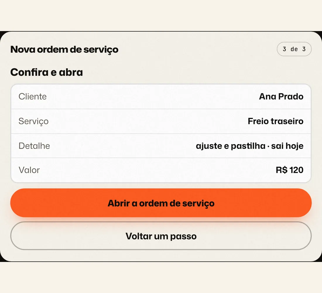Captura da tela redesenhada: Confira e abra, com o resumo do freio traseiro da Ana Prado e o botão Abrir a ordem de serviço.