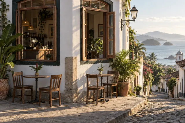 Fachada do café de exemplo, numa esquina de rua litorânea, de manhã. Imagem gerada.