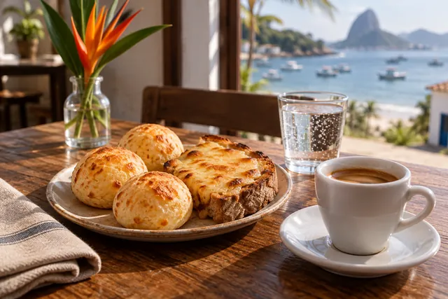 Mesa do café de exemplo, com café e pão na chapa. Imagem gerada.
