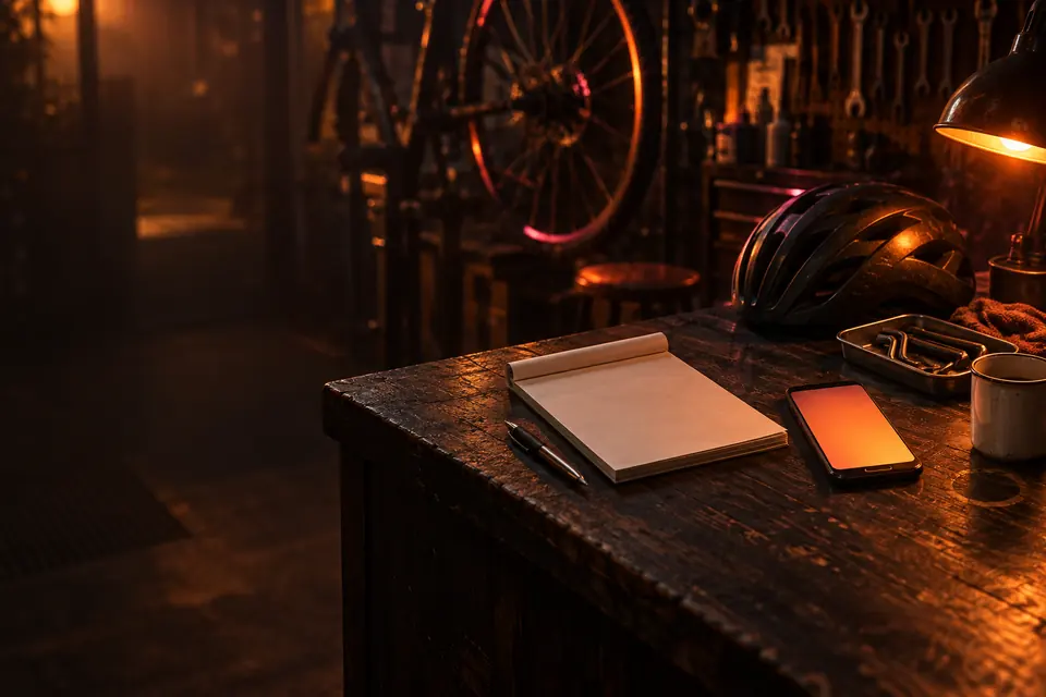 Balcão de uma bicicletaria ao anoitecer: papel de ordem de serviço em branco, celular aceso e capacete sobre o balcão