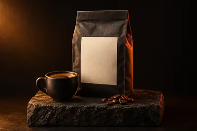 Café de exemplo: pacote e xícara iluminados em âmbar
