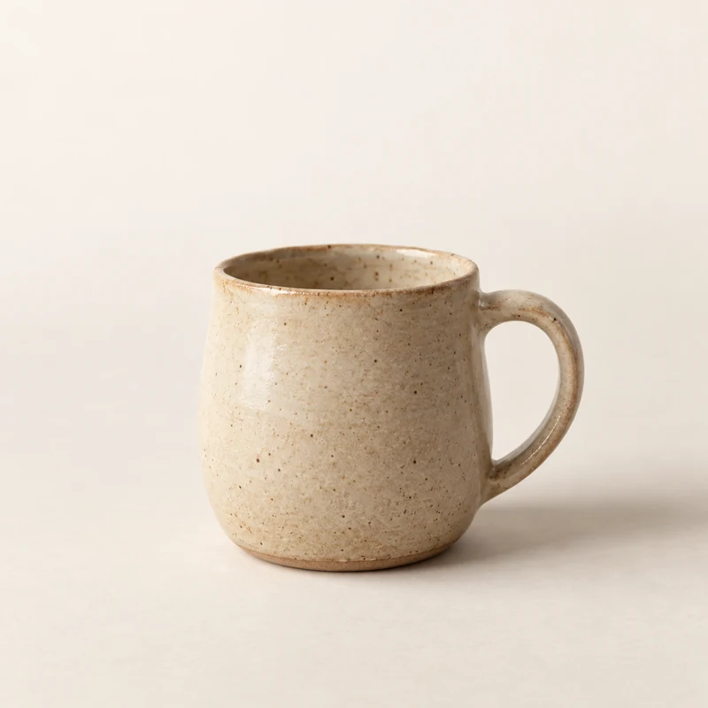Caneca de cerâmica feita à mão, em barro claro, no estúdio do exemplo