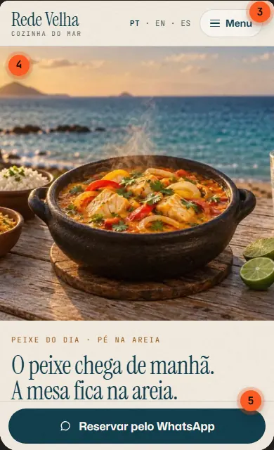 O mesmo site no celular: o menu vira um botão, a foto mostra o prato de perto e o botão de reserva fica preso embaixo da tela.