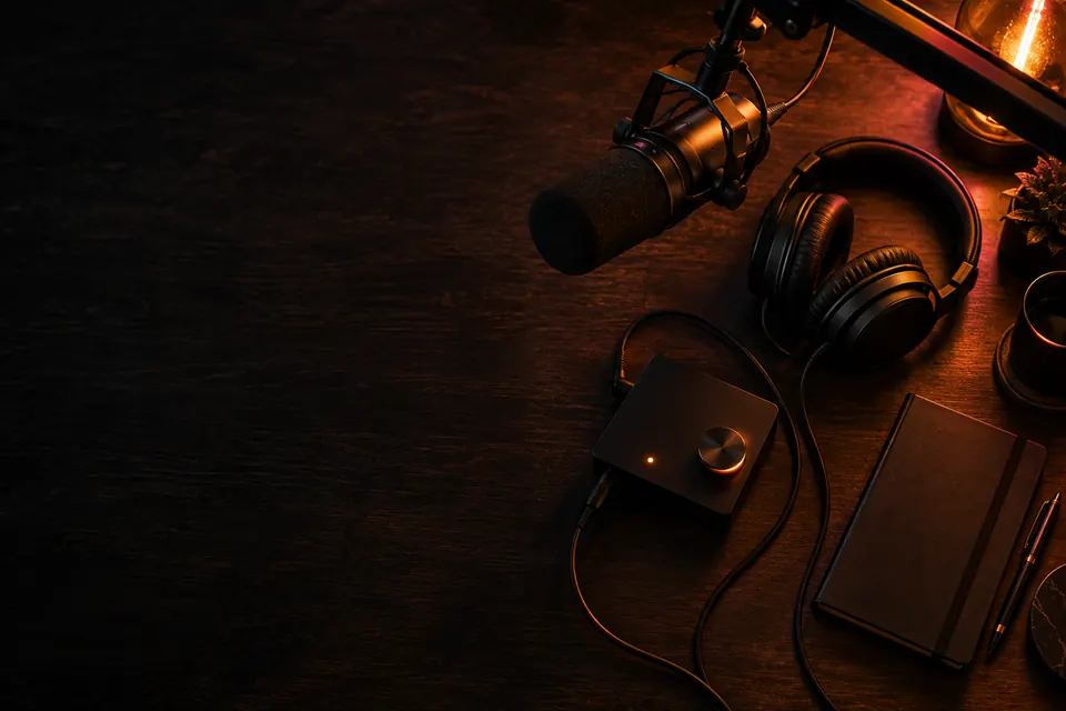 Mesa de gravação de podcast vista de cima: microfone no braço articulado, fones de ouvido e interface de áudio com a luz acesa