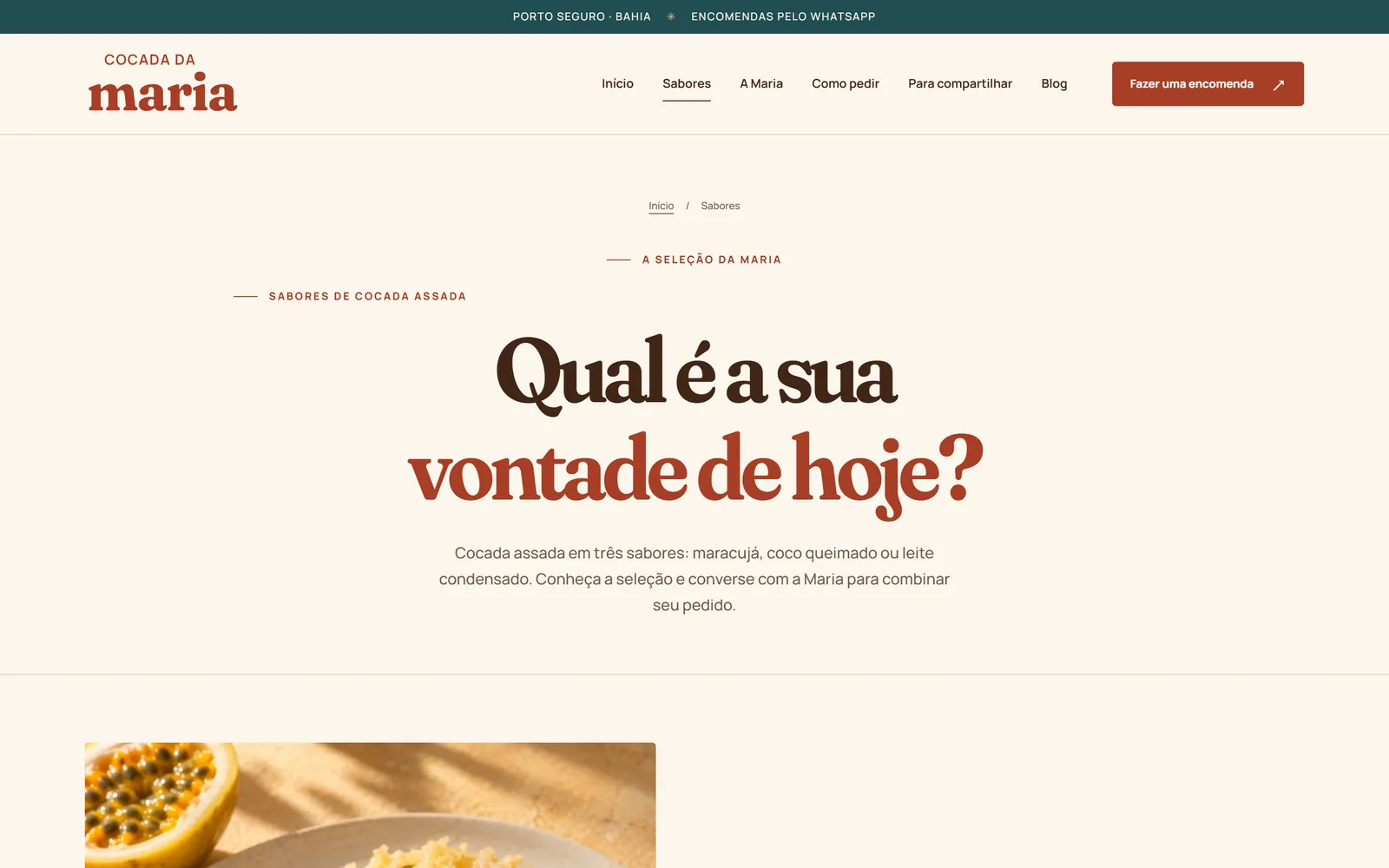 Página de sabores da Cocada da Maria