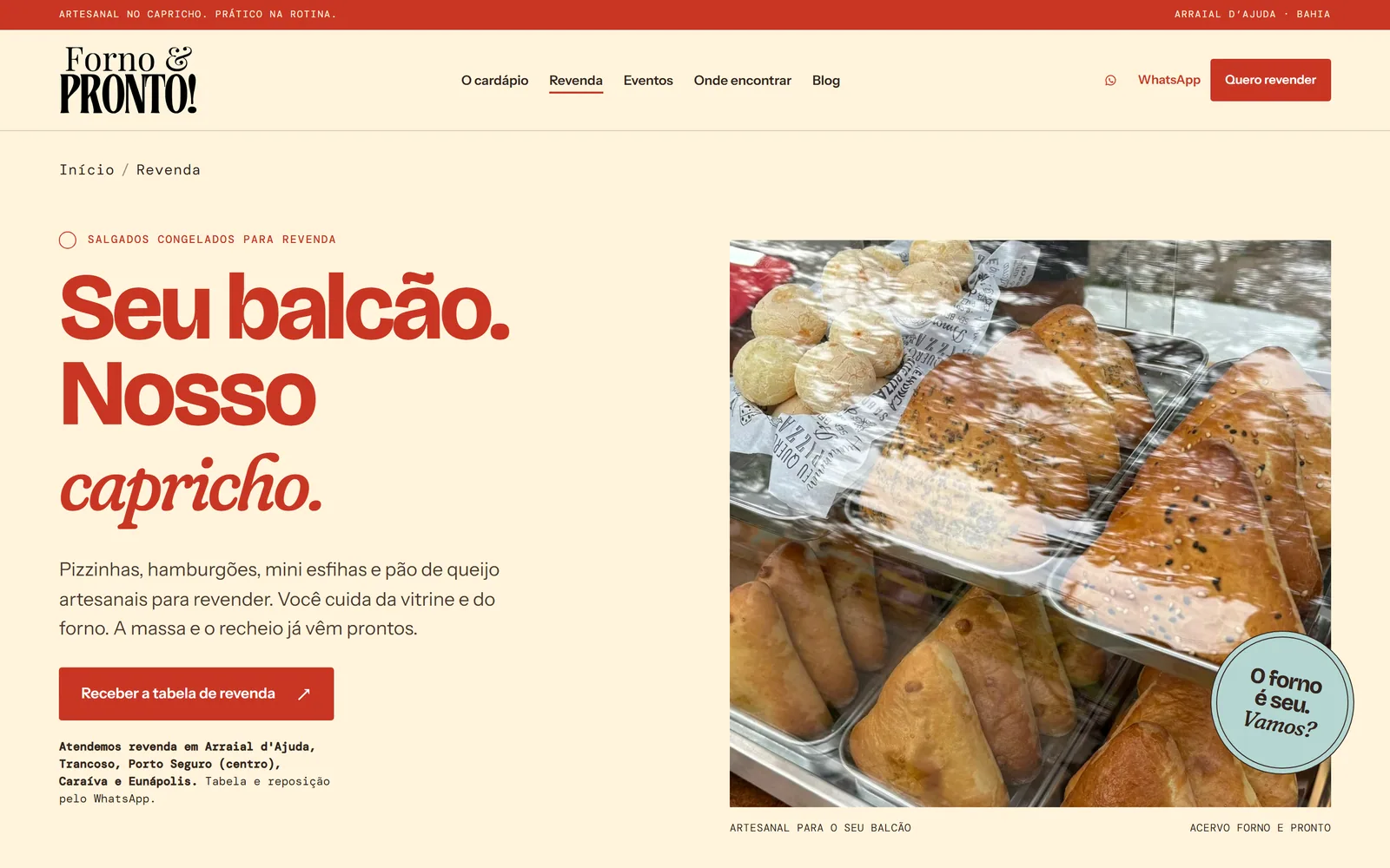 Página pública de revenda do Forno e Pronto, com apresentação dos produtos e caminho para receber a tabela comercial