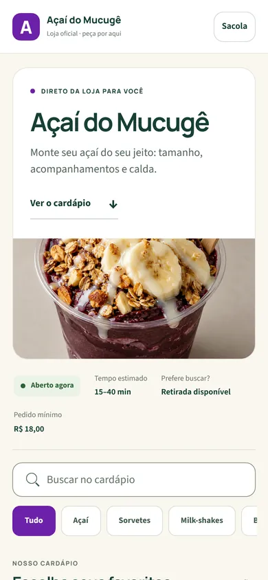 Loja online de açaí de demonstração no celular