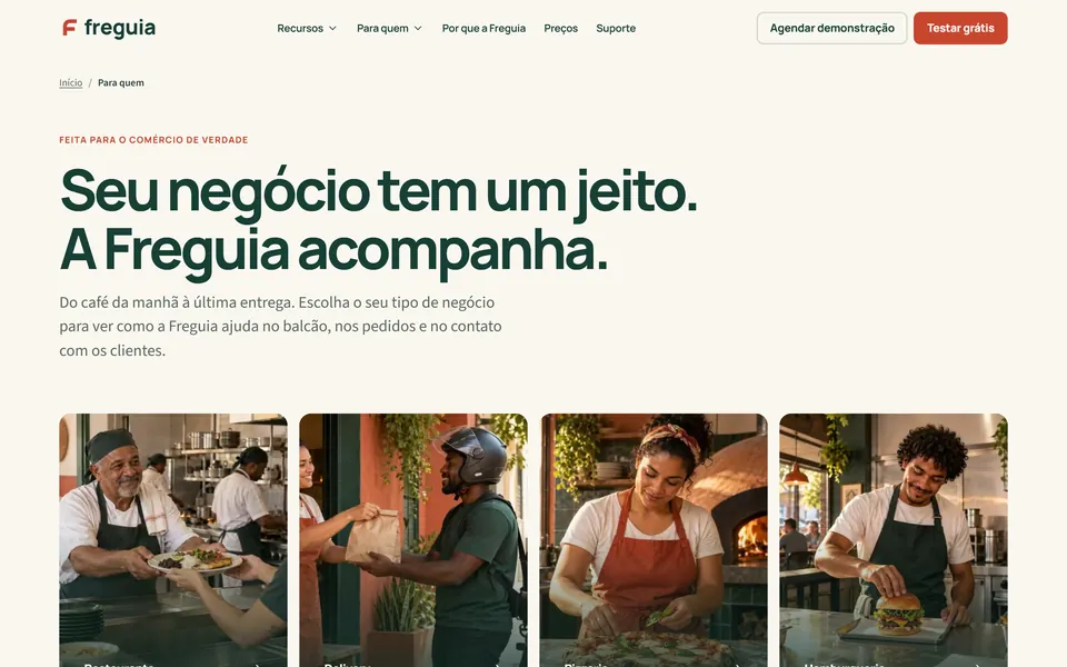 Página do site da Freguia com os tipos de negócio atendidos
