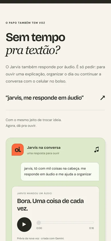 Seção de respostas em áudio do site do Jarvis no celular