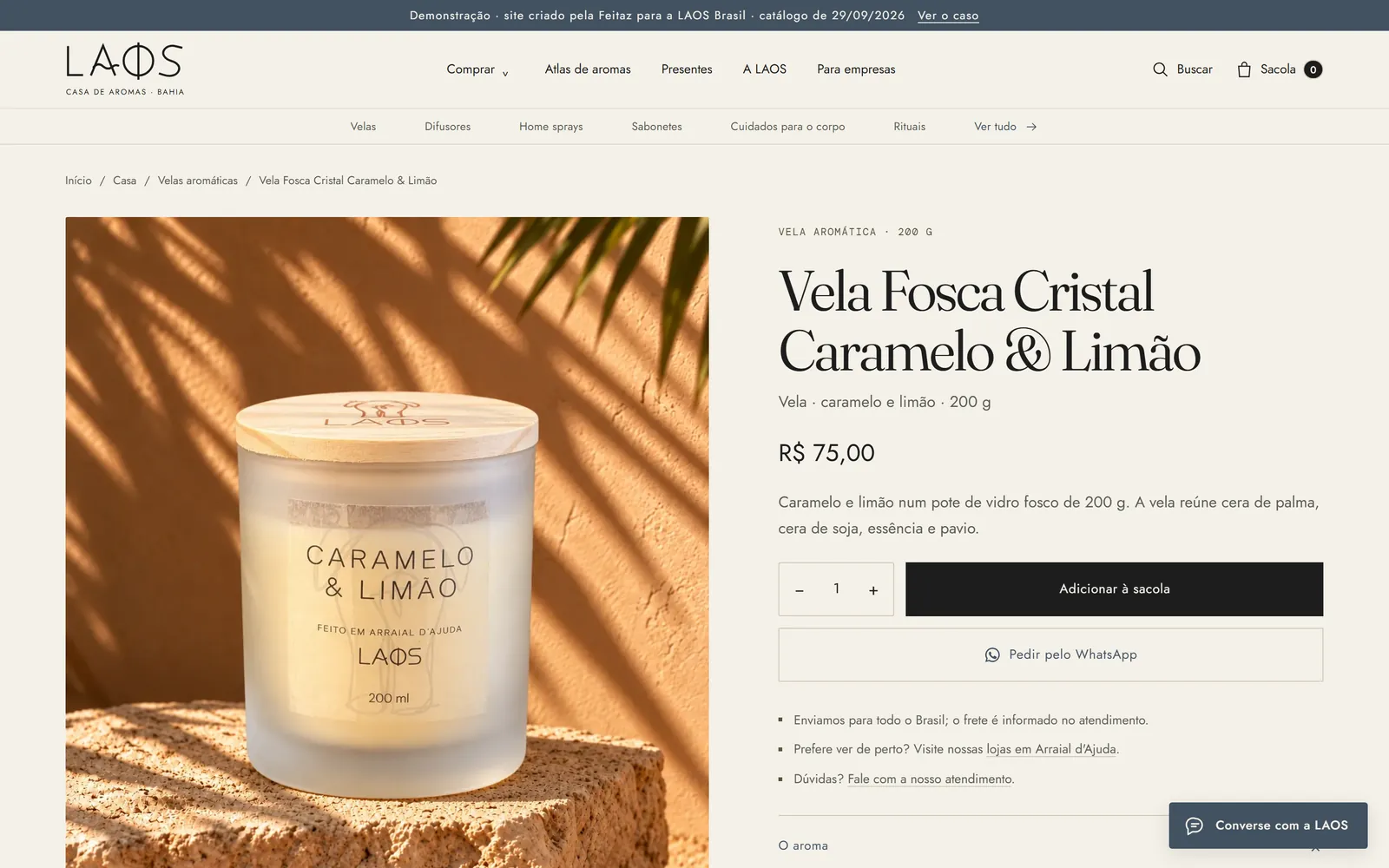 Página de produto da vela Caramelo e Limão na vitrine LAOS