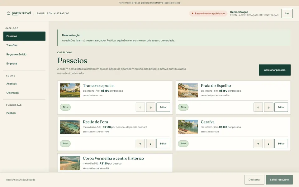 Painel de catálogo da Porto Travel em modo de demonstração