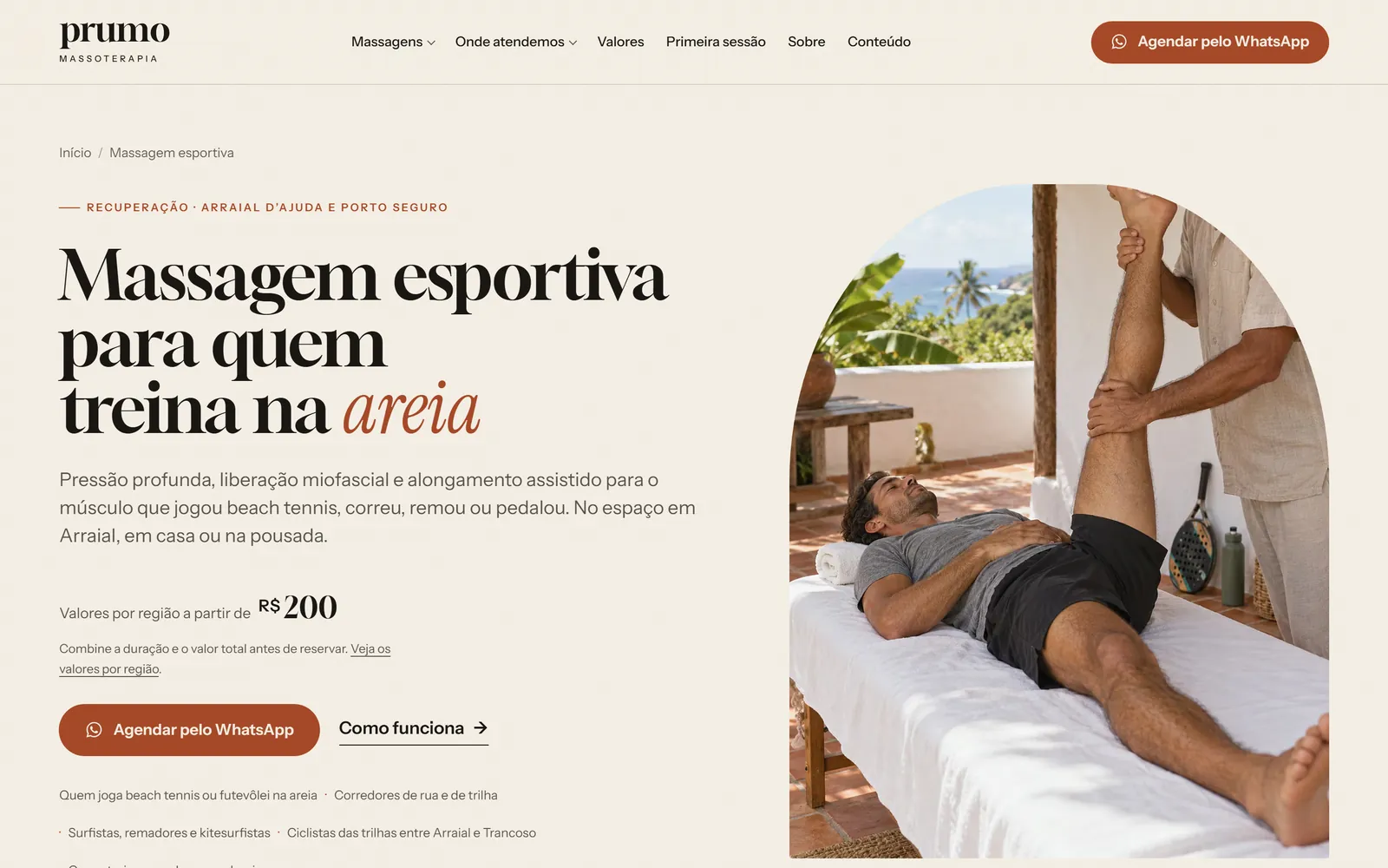 Página de massagem esportiva da Prumo