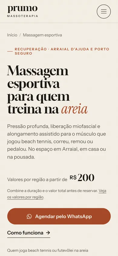 A página de massagem esportiva no celular