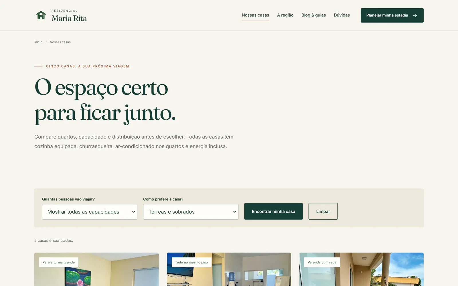 Página pública do Residencial Maria Rita para comparar suas cinco casas de temporada