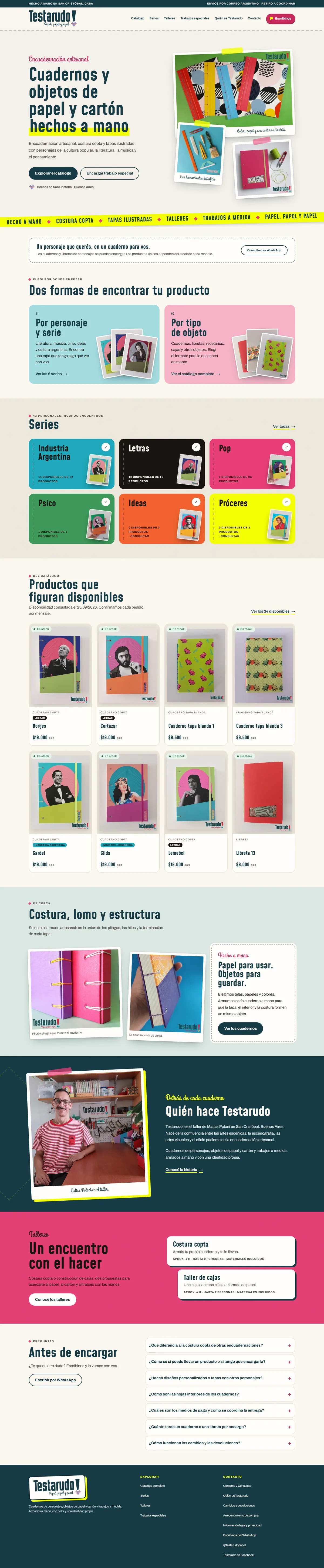 Prévia do site Testarudo em espanhol, catálogo de papelaria artesanal